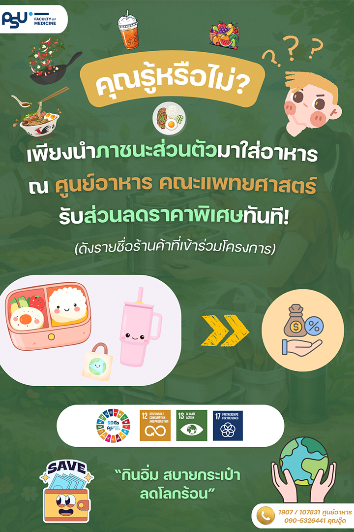เพียงนำภาชนะส่วนตัวมาใส่อาหาร ณ ศูนย์อาหาร คณะแพทยศาสตร์ รับส่วนลดราคาพิเศษทันที!